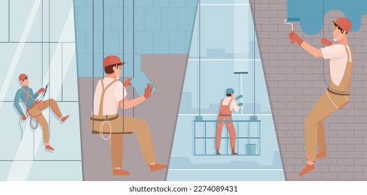 Industrial climber flat composition with four isolated views of workers on hanging stages and rope cradles vector illustration