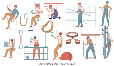 Industrial climber flat set of isolated icons with human workers in uniform working on high attitude vector illustration