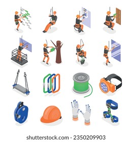 Grupo isométrico industrial de equipo especial y personas en casco y cinturón de seguridad que trabajan en ilustración vectorial aislada de altura