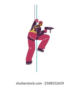 Industrial climber. Man drills a hole in the office wall. Person in special equipment, a helmet, and safety belts attached to a cable at a high altitude. Building renovation. Vector illustration.