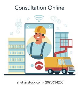 Industrial climber online service or platform. Alpinist climb onto a roof or billboard using cables. Worker cleaning windows. Online consultation. Flat vector illustration