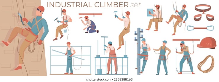 Conjunto industrial de escaladores con iconos planos aislados de equipos de uso personal caracteres humanos de los trabajadores e ilustración de vector de texto