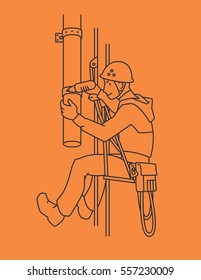 Industrial climber in uniform and helmet mends drainpipe. Professional worker doing his risky work. Man working at height. Rope Access. Vector illustration in line style for your design and artworks.