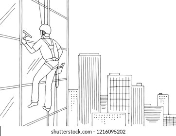 Industrial climber washing windows skyscraper graphic black white cityscape sketch illustration vector
