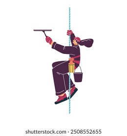 Industrial climber. A woman in special equipment, a helmet, a safety harness, attached to a cable at a high altitude. Cleans the office window. Detergent and cleaning agent. Vector illustration.