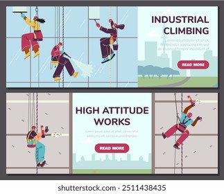 Industrial climbers. Banner. People wash windows and clean the facade of an office building. Special equipment, helmets and seat belts, rope. High altitude works. Vector illustration.