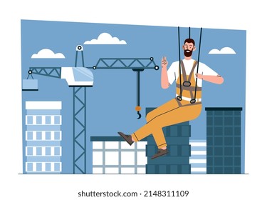 Industrial climbers concept. Man on ropes repairs houses, builder and architect of city. Innovation and modernization. Alpinist climb onto roof using cables. Cartoon flat vector illustration