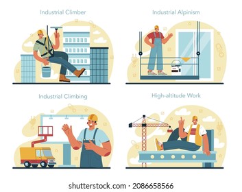 Industrial climbers concept set. Alpinist climb onto a roof or billboard using cables. Worker on safety ropes cleaning windows. Flat vector illustration