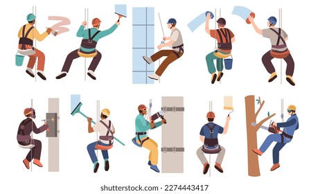 Industrial climbers. Dangerous profession, men work at height with safety ropes, special equipment, skyscraper window wash, alpinist hanging, cartoon flat s characters, tidy vector set