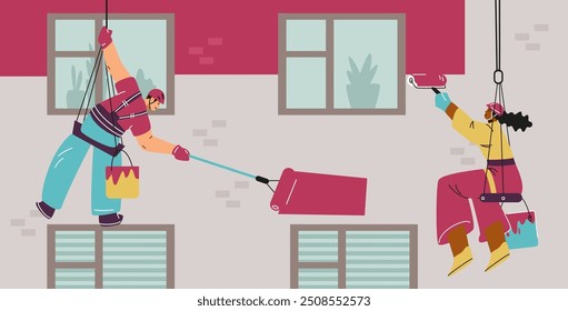 Industrial climbers. Man and woman paint the walls of a building with paint rollers. People in special equipment, a helmet and safety belts, attached to a cable at a high altitude. Vector illustration