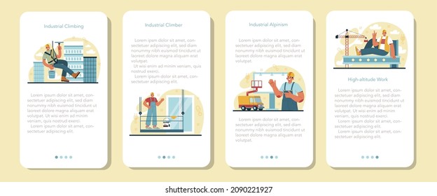 Industrial climbers mobile application banner set. Alpinist climb onto a roof or billboard using cables. Worker on safety ropes cleaning windows. Flat vector illustration