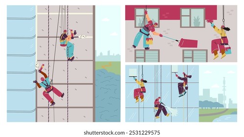 Industrial climbers. People wash windows, clean the facade of an office building and paint walls. Special equipment, helmets and seat belts, ropes. Concept of high-altitude work. Vector illustration.