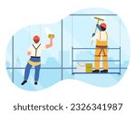 Industrial climbers wash glass windows of office building at height vector illustration. Cartoon washer alpinists cleaning and climbing high up facade with rope of security belt, hanging on platform