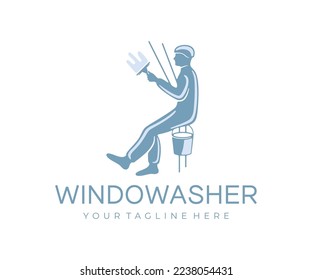 Industrial climbers wash windows building and skyscraper by using squeegee, logo design. Industrial mountaineering, window cleaner, housekeeping and cleaning, vector design and illustration