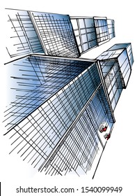 Industrial climbers wash the windows of modern skyscraper. Hand drawn sketch