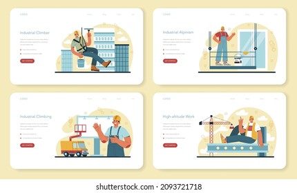 Industrial climbers web banner or landing page set. Alpinist climb onto a roof or billboard using cables. Worker on safety ropes cleaning windows. Flat vector illustration