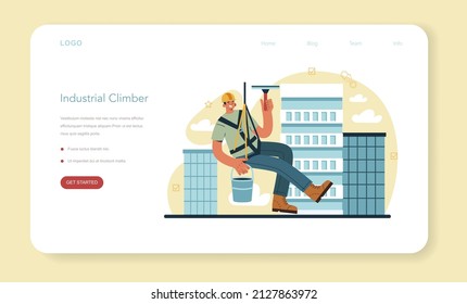 Industrial climbers web banner or landing page. Alpinist climb onto a roof using cables. Worker on safety ropes cleaning windows. Flat vector illustration