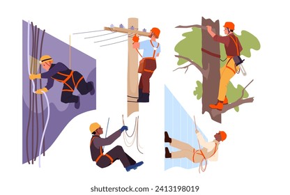 Industrial climbers at work set vector illustration. Cartoon isolated construction workers climbing at building wall, professional technician hanging high, arborist cutting tree with chainsaw