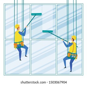 Industrial Climbers Workers Wash Building Exterior Suspended on Ropes. Alpinist Washermen Hanging on Ropes Cleaning Skyscraper Windows. Professional Cleaning Sevice Cartoon Flat Vector Illustration