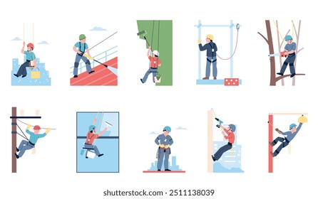 Industrial climbers working on height. Climber, professional window cleaner, wall painter, electricity worker. Alpinist hang on rope, recent vector set