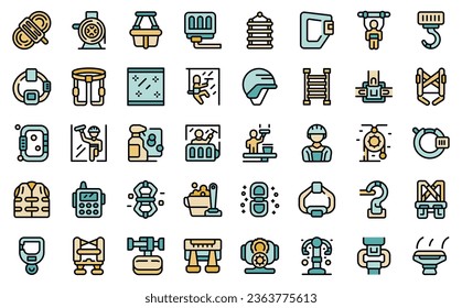 Industrial Climbing icons set outline vector. Man paint. Worker rope thin line color flat on white isolated