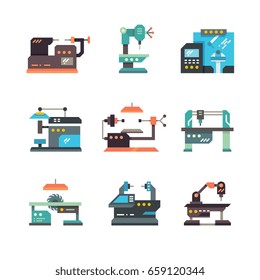 Industrial cnc machine tools and automated machines flat icons. Machine equipment for factory industry, illustration of industrial, production