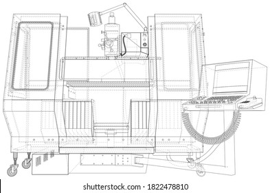 Industrial CNC machining. Milling machine. Wire-frame. The layers of visible and invisible lines are separated. EPS10 format.