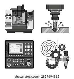 Industrial CNC milling machine and control panel interface icons.