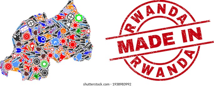 Industrial Collage Rwanda Map and Made in Grunge Watermark