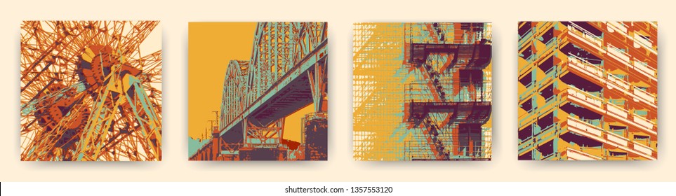 Industrial collection of arts for interior. Expressive meditative mood. Psychedelic east european urban illustrations.