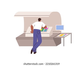 Industrial Color Proof Machine And Polygraphy Worker. Work Of Professional Equipment, Prepress CMYK Colour Check, Control In Typography Industry. Flat Vector Illustration Isolated On White Background