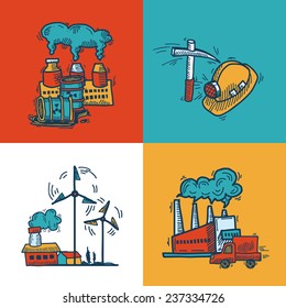 Industrial colored sketch flat icons design set with plants mining energy and transportation symbols isolated vector illustration