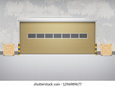 Industrial or commercial building. Use as factory, warehouse, store and workplace. Safety and protection with roller door, roller shutter or overhead door. Concrete floor outside. Vector illustration.