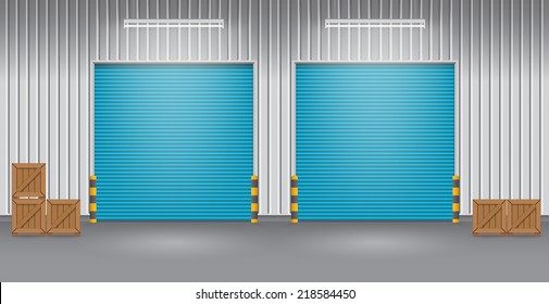 Industrial Or Commercial Building. Use As Factory, Warehouse, Store And Workplace. Safety And Protection With Roller Door, Roller Shutter Or Overhead Door. Concrete Floor Outside. Vector Illustration.