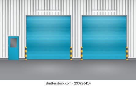 Industrial Or Commercial Building. Use As Factory, Warehouse, Store And Workplace. Safety And Protection With Roller Door, Roller Shutter Or Overhead Door. Concrete Floor Outside. Vector Illustration.