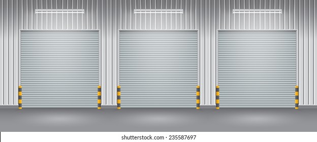 Industrial Or Commercial Building. Use As Factory, Warehouse, Store And Workplace. Safety And Protection With Roller Door, Roller Shutter Or Overhead Door. Concrete Floor Outside. Vector Illustration.