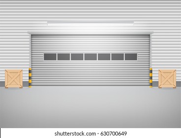 Industrial or commercial building. Use as factory, warehouse, store and workplace. Safety and protection with roller door, roller shutter or overhead door. Concrete floor outside. Vector illustration.