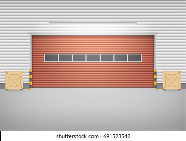 Industrial or commercial building. Use as factory, warehouse, store and workplace. Safety and protection with roller door, roller shutter or overhead door. Concrete floor outside. Vector illustration.