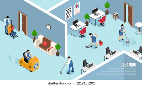 Industrial And Commercial Buildings Interiors Cleaning Service Isometric Advertising Poster With Floors Pressure   Washing Team Vector Illustration 