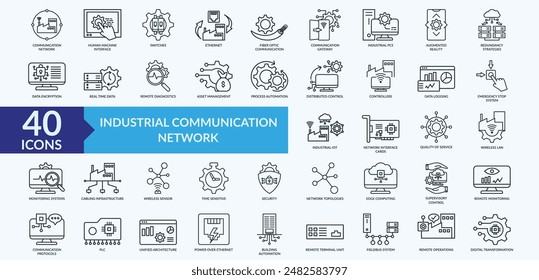 Conjunto de colección de iconos de red de comunicación por Industrial con realidad aumentada, control distribuido, datos en tiempo real, sistema de monitoreo, transformación digital