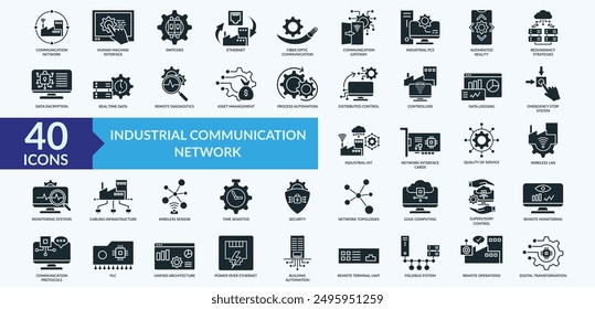 Industrie und Gewerbe Communication Network Icon Kollektion Set mit Augmented Reality, verteilter Steuerung, Echtzeitdaten, Überwachungssystem, digitaler Transformation