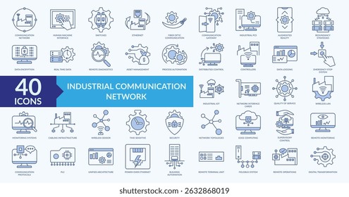 Conjunto de coleta de ícones de rede de comunicação industrial com realidade aumentada, controle distribuído, dados em tempo real, sistema de monitoramento, transformação digital
