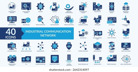 Industrial communication network icon collection set with augmented reality, distributed control, real time data, monitoring system, digital transformation