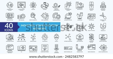 Industrial communication network icon collection set with augmented reality, distributed control, real time data, monitoring system, digital transformation