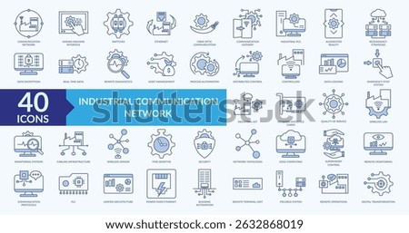 Industrial communication network icon collection set with augmented reality, distributed control, real time data, monitoring system, digital transformation
