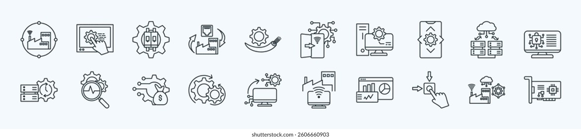 Industrial communication network thin icon set containing communication network, human machine interface, switches, ethernet, fiber optic
