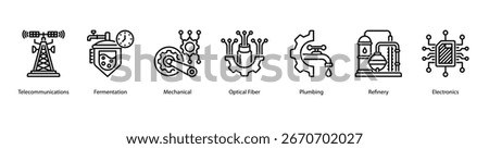 Industrial Communication and Processing web banner icon vector illustration featuring Telecommunications, Fermentation, Mechanical, Optical Fiber, Plumbing, Refinery, and Electronics.