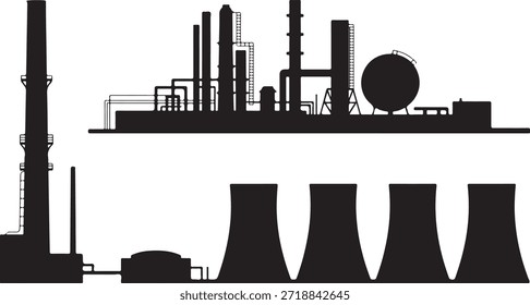 Eine Silhouette aus Industriekomplex und Atomkraftwerk stellt einen scharfen Kontrast zwischen konventioneller Industrie und Kernenergie auf weißer Leinwand dar.