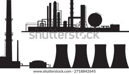An industrial complex and atomic power plant silhouette presents a sharp contrast between conventional industry and nuclear energy on a white canvas.