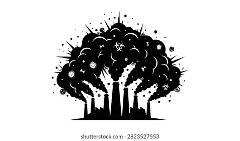 Industrial Complex Explosion With Biohazard Symbols Black Silhouette